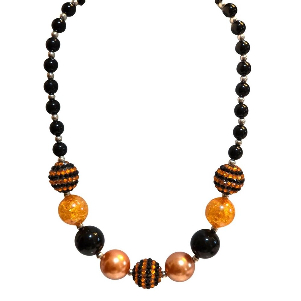 Black & Orange Beaded Halloween Statement Necklace With Adjustable Chain‎ 20-22"